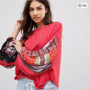 Free People Red Thermal Top with Paisley Sleeves